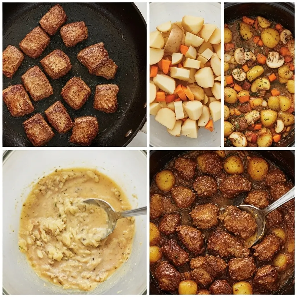 Slow Cooker Garlic Butter Beef Bites & Potatoes